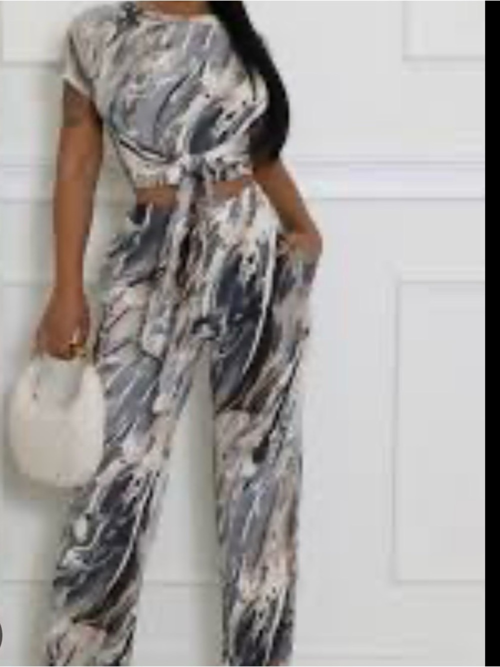 Tie-Front Marble Print Pant Set- Gray Marble